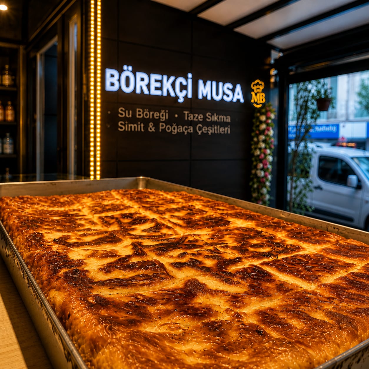 Börekçi Musa tezgâhında fırından yeni çıkmış koca tepsi su böreği